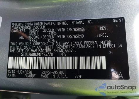 2021 Toyota Highlander Le from USA, damaged, VIN 5TDBZRBH3MS123770
